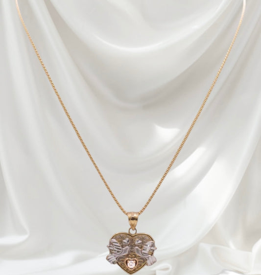 Yellow and White Gold Bird Heart Necklace with CZ Stone In The Center