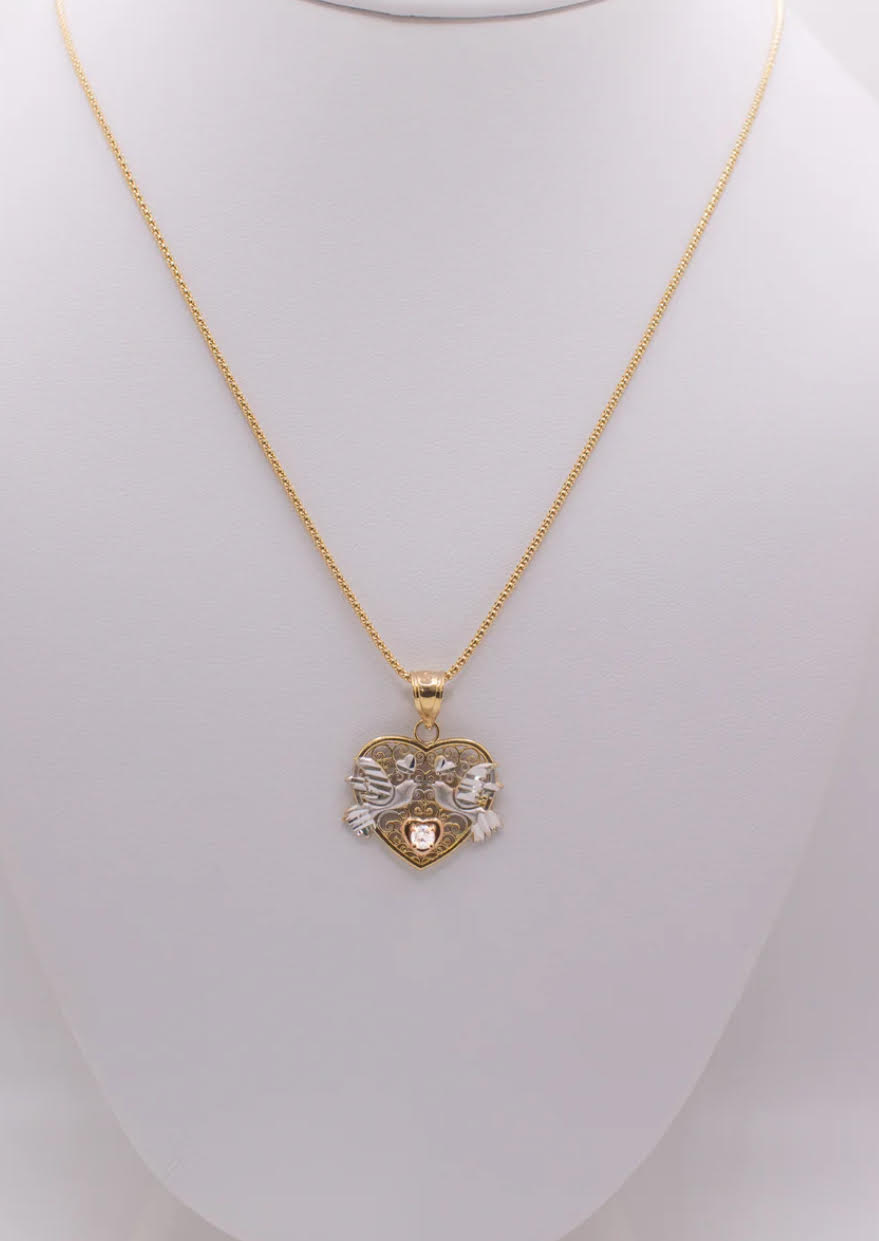 Yellow and White Gold Bird Heart Necklace with CZ Stone In The Center