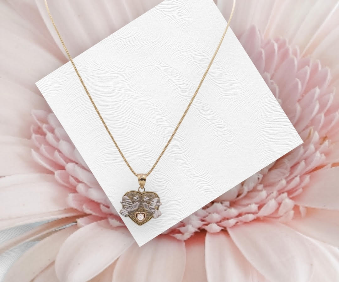 Yellow and White Gold Bird Heart Necklace with CZ Stone In The Center