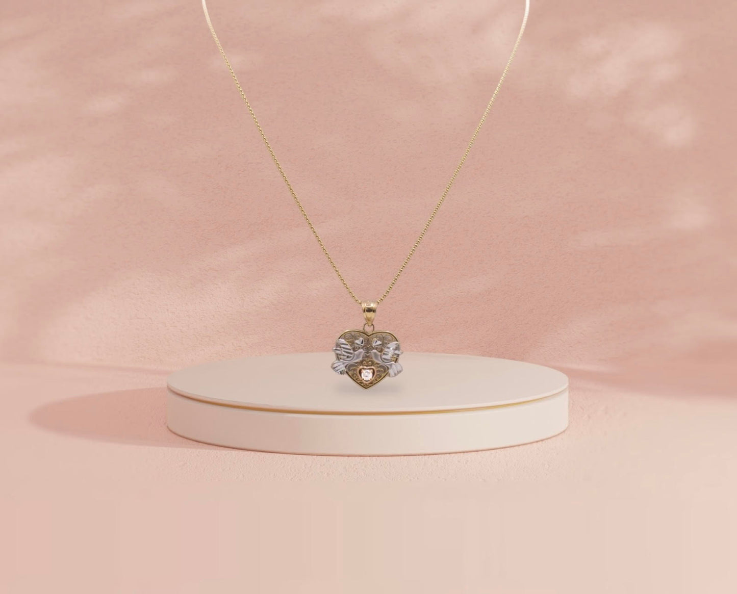 Yellow and White Gold Bird Heart Necklace with CZ Stone In The Center