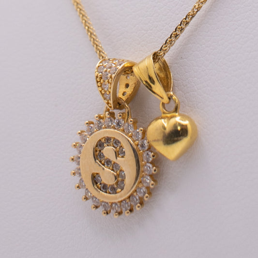 “S” Pendant With Heart Charm & Necklace