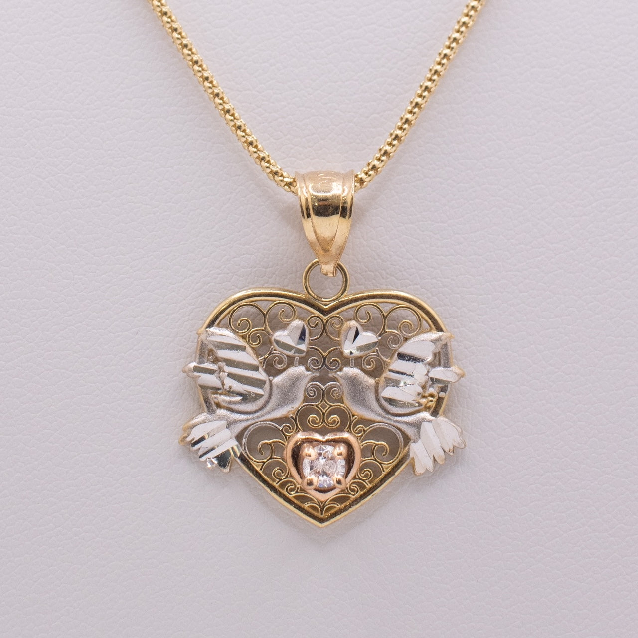 Yellow and White Gold Bird Heart Necklace with CZ Stone In The Center